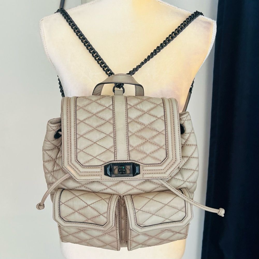 REBECCA MINKOFF QUILTED LOVE LEATHER BACKPACK‎ PURSE, Tan/Gray, Luxury